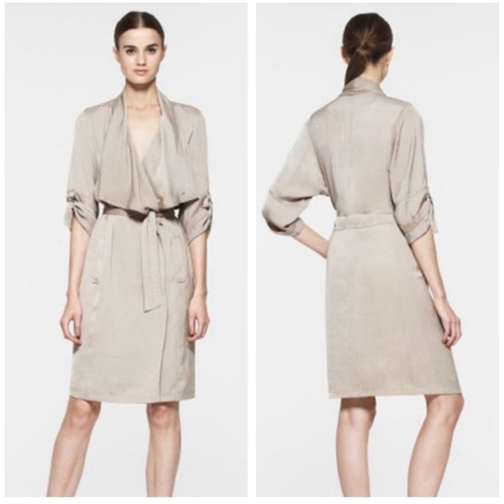 BCBG MaxAzria Alex Sateen Trench Dress Size XXS Beige Khaki Classic Office Siren